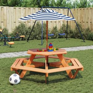 vidaXL Masă picnic pentru 6 copii cu umbrelă, hexagon, lemn masiv brad imagine