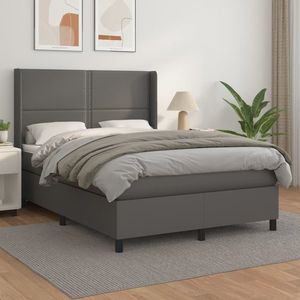 vidaXL Pat box spring cu saltea, gri, 140x190 cm, piele ecologică imagine