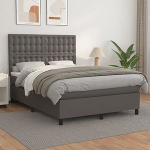 vidaXL Pat box spring cu saltea, gri, 140x190 cm, piele ecologică imagine