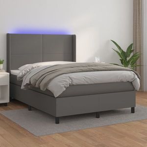 vidaXL Pat cu arcuri, saltea și LED, gri, 140x190 cm, piele ecologică imagine