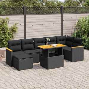 vidaXL Set mobilier grădină perne 8 piese negru, poliratan/lemn acacia imagine