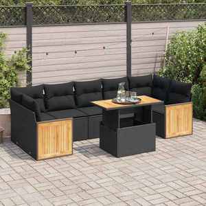 vidaXL Set mobilier grădină perne 8 piese negru, poliratan/lemn acacia imagine