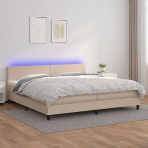 vidaXL Pat cu arcuri, cu saltea și LED cappuccino 200x200 cm piele eco imagine