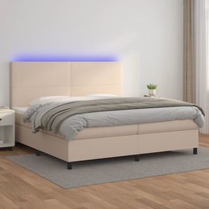 vidaXL Pat cu arcuri, cu saltea și LED cappuccino 200x200 cm piele eco imagine