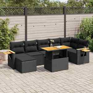 vidaXL Set mobilier grădină perne 8 piese negru, poliratan/lemn acacia imagine