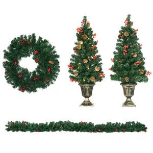 HOMCOM Set de decoratiuni pentru Craciun set 4 piese, coroana de ghirlande si set de 2 copaci cu lumini LED | AOSOM RO imagine