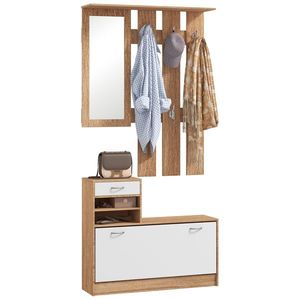 HOMCOM Set Mobilier Modern cu Etajeră pentru Pantofi, Oglindă cu 6 Cârlige, 2 Rafturi și Sertare, 90x24x177 cm, Lemn Natural | Aosom Romania imagine