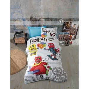 Lenjerie de pat pentru o persoana Young, 3 piese, 160x220 cm, 100% bumbac ranforce, Cotton Box, Robot, albastru imagine