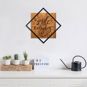 Decoratiune de perete, Smile Everday, 50% lemn/50% metal, Dimensiune: 54 x 54 cm, Nuc / Negru imagine