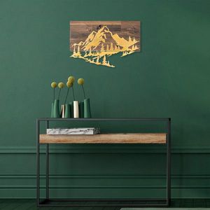 Decoratiune de perete, Mountain v2, 50% lemn/50% metal, Dimensiune: 58 x 38 cm, Nuc / Aur imagine