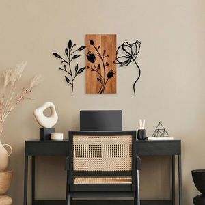 Decoratiune de perete, Triple Flowers, Lemn/metal, Dimensiune: 86 x 58 cm, Nuc / Negru imagine