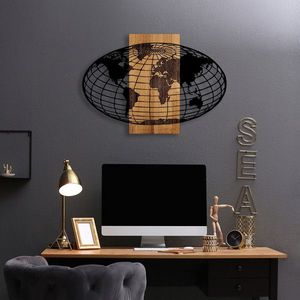 Decoratiune de perete, Wold Map, 50% lemn/50% metal, Dimensiune: 87 x 3 x 58 cm, Nuc negru imagine