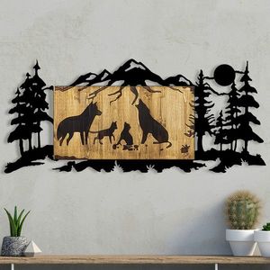 Decoratiune de perete, Wolf Family, Metal/lemn, Dimensiune: 108 x 3 x 47 cm, Nuc / Negru imagine