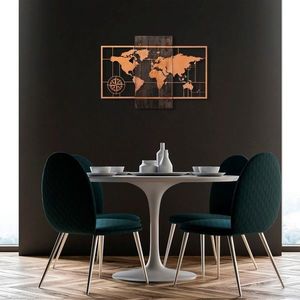 Decoratiune de perete, World Map Wıth Compass, 50% lemn/50% metal, Dimensiune: 85 x 58 cm, Nuc / Cupru imagine