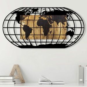 Decoratiune de perete, World Map 2, Metal/lemn, 102 x 3 x 50 cm, Nuc / Negru imagine