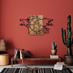 Decoratiune de perete, World Map, 50% lemn/50% metal, Dimensiune: 118 x 3 x 70 cm, Nuc negru imagine