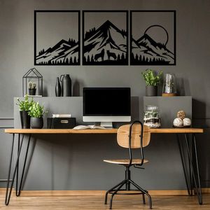 Decoratiune de perete, Mountain View, Metal, 58 x 70 cm, 3 piese, Negru imagine