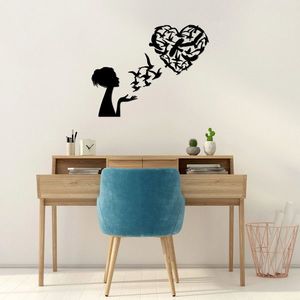 Decoratiune de perete, Birds Woman Heart, Metal, Dimensiune: 63 x 50 cm, Negru imagine