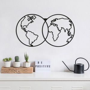 Decoratiune de perete, World Map, Metal, Dimensiune: 60 x 34 cm, Negru imagine