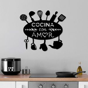 Decoratiune de perete, Cocina Con Amor, Metal, 49 x 1, 5 x 43 cm, Negru imagine