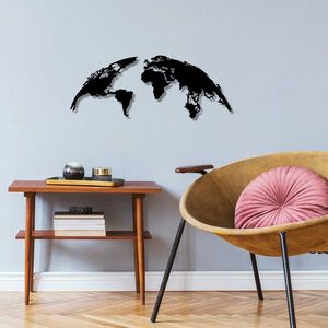 Decoratiune de perete, World Map Small, Metal, 100 x 39 cm, Negru imagine