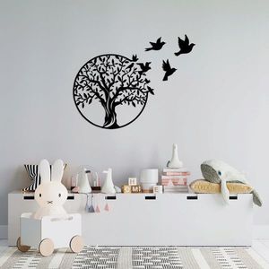 Decoratiune de perete, Tree And Birds, Metal, Dimensiune: 61 x 56 cm, Negru imagine