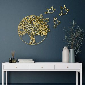 Decoratiune de perete, Tree And Birds 4, Metal, Dimensiune: 61 x 56 cm, Auriu imagine