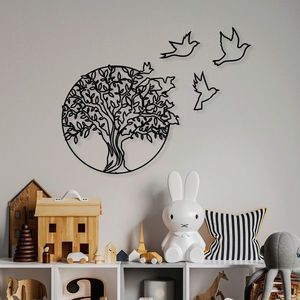 Decoratiune de perete, Tree And Birds 3, Metal, Dimensiune: 61 x 56 cm, Negru imagine