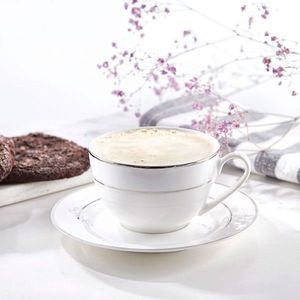 Set 6 cesti cu farfurie pentru cafea Aura Silver, Ambition, 220 ml, portelan New Bone China, alb imagine