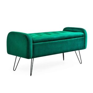 Bancheta cu spatiu pentru depozitare Venlo, Homla, 100x39x45 cm, catifea din poliester/metal/MDF, verde/negru imagine