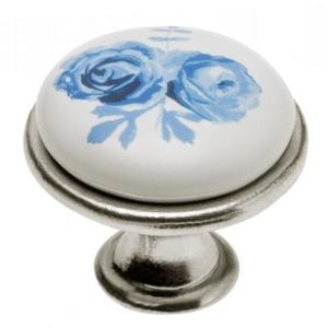 Buton pentru mobilier cu insertie ceramica floare albastra, finisaj argint antichizat GT, D: 26.5 mm imagine