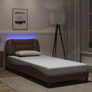 vidaXL Cadru de pat cu lumini LED, maro, 90x190 cm, piele ecologică imagine