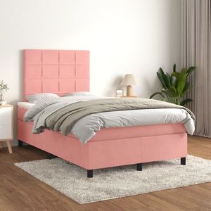 vidaXL Pat box spring cu saltea, roz, 120x200 cm, catifea imagine