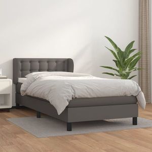 vidaXL Pat box spring cu saltea, gri, 90x200 cm, piele ecologică imagine