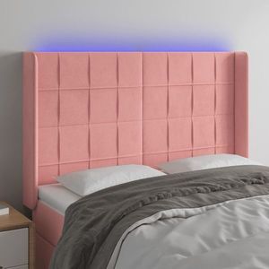 vidaXL Tăblie de pat cu LED, roz, 147x16x118/128 cm, catifea imagine