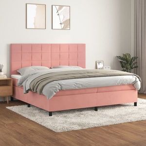 vidaXL Pat box spring cu saltea, roz, 200x200 cm, catifea imagine