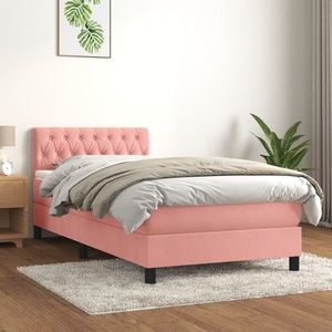 vidaXL Pat box spring cu saltea, roz, 90x200 cm, catifea imagine