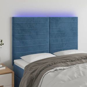 vidaXL Tăblie de pat cu LED, albastru închis, 144x5x118/128cm, catifea imagine