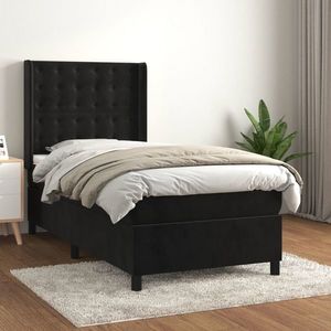 vidaXL Pat box spring cu saltea, negru, 90x200 cm, catifea imagine