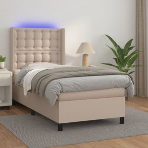 vidaXL Pat cu arcuri, cu saltea și LED cappuccino 90x190 cm, piele eco imagine