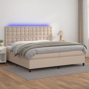 vidaXL Pat cu arcuri, cu saltea și LED cappuccino 200x200 cm piele eco imagine