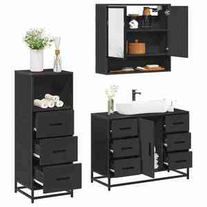 vidaXL Set mobilier de baie, 3 piese, negru, lemn compozit imagine