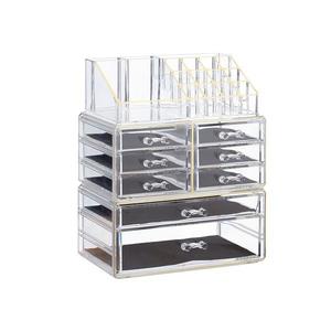 Organizator produse cosmetica, 8 sertare, suport pentru pensule, creioane si rujuri, Transparent /Auriu, Acril imagine