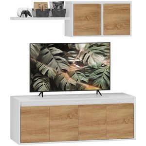 HOMCOM Set Mobilier TV și Dulap Suspendat cu 7 Rafturi și Raft Deschis, Mobilier pentru TV din PAL, 120x41x43, 3 cm, Alb | Aosom Romania imagine