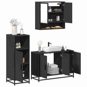 vidaXL Set mobilier de baie, 3 piese, negru, lemn compozit imagine