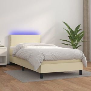 vidaXL Pat cu arcuri, saltea și LED, crem, 90x200 cm, piele ecologică imagine