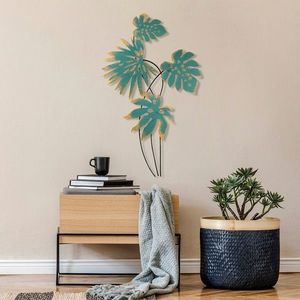 Decoratiune de perete, Monstera, Metal, Dimensiune: 66 x 111 cm, Turcoaz / Galben imagine