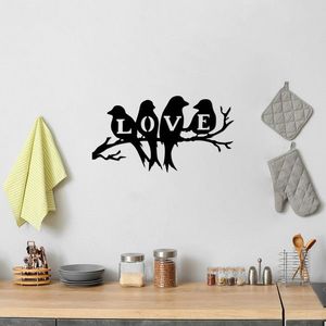 Decoratiune de perete, Birds Love, Metal, Dimensiune: 68 x 37 cm, Negru imagine