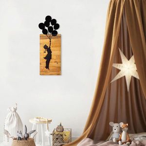 Decoratiune de perete, Chıld And Balloons, 50% lemn/50% metal, 30 x 86 cm, Negru imagine