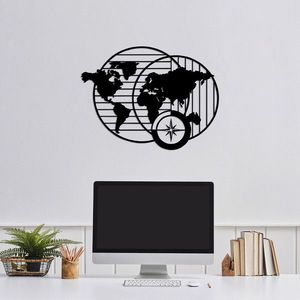 Decoratiune de perete, World Map, Metal, Dimensiune: 70 x 52 cm, Negru imagine